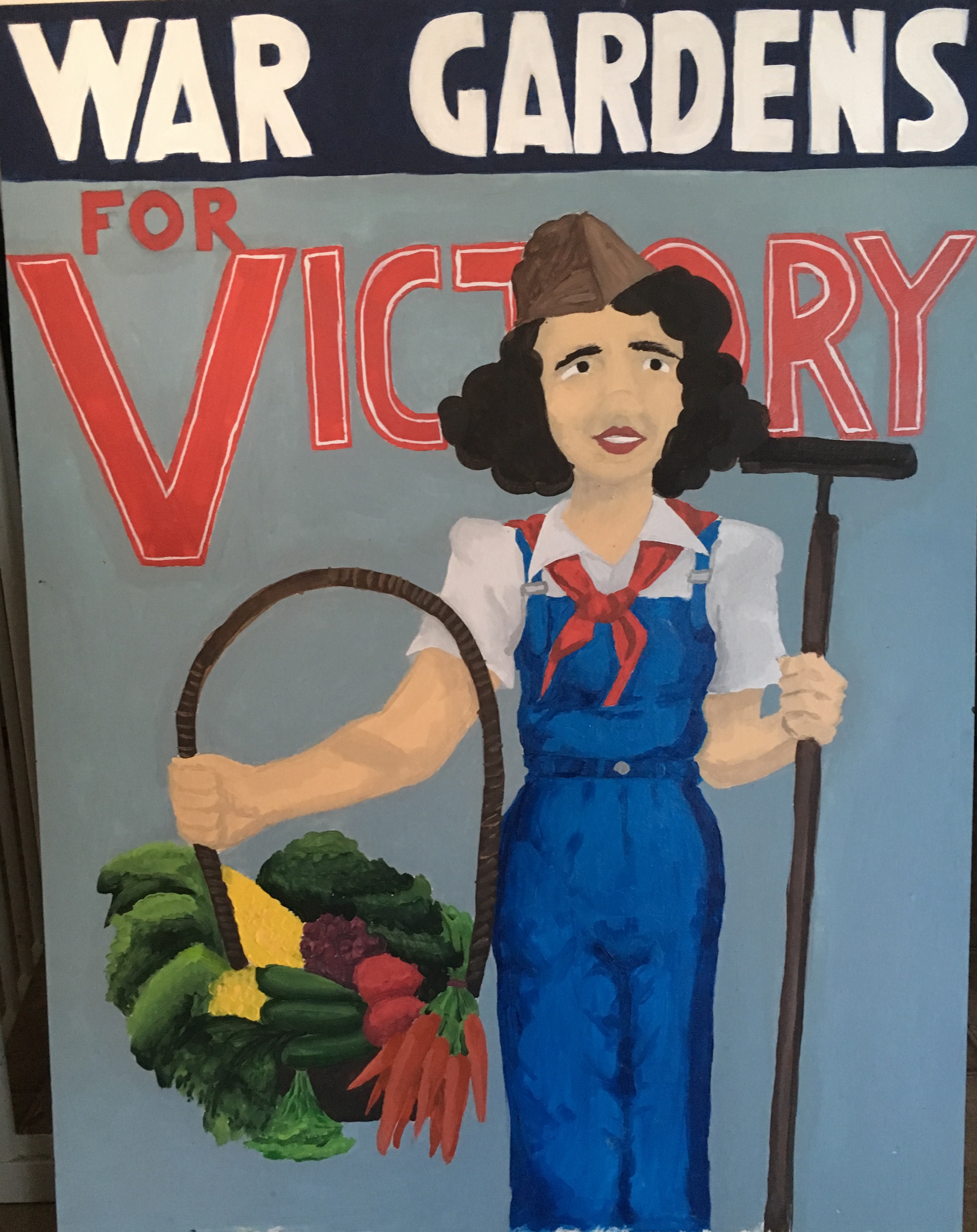 Replica of WWII American propaganda poster reading 'WAR GARDENS FOR VICTORY'