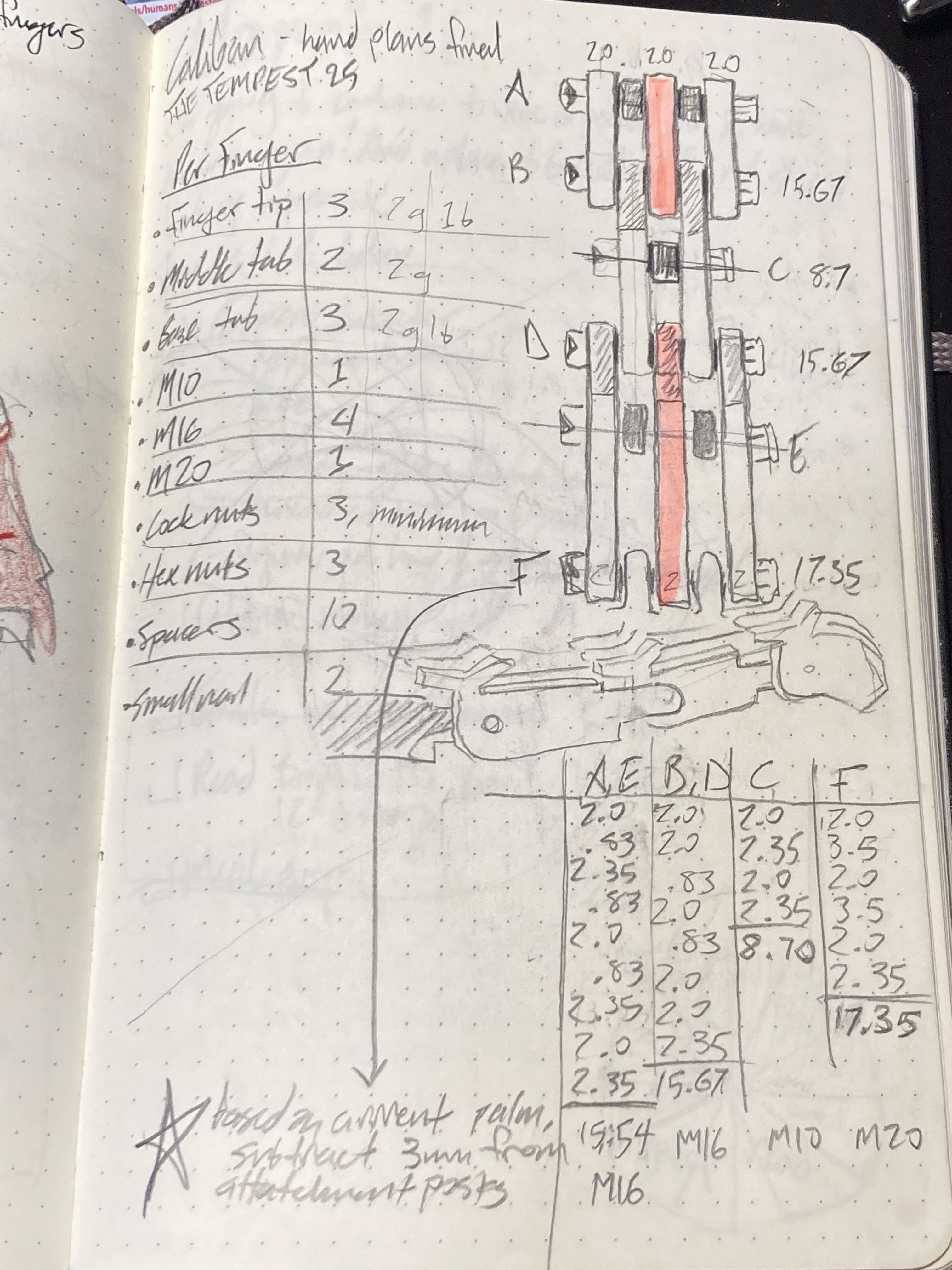 technical drawing of caliban finger assembly