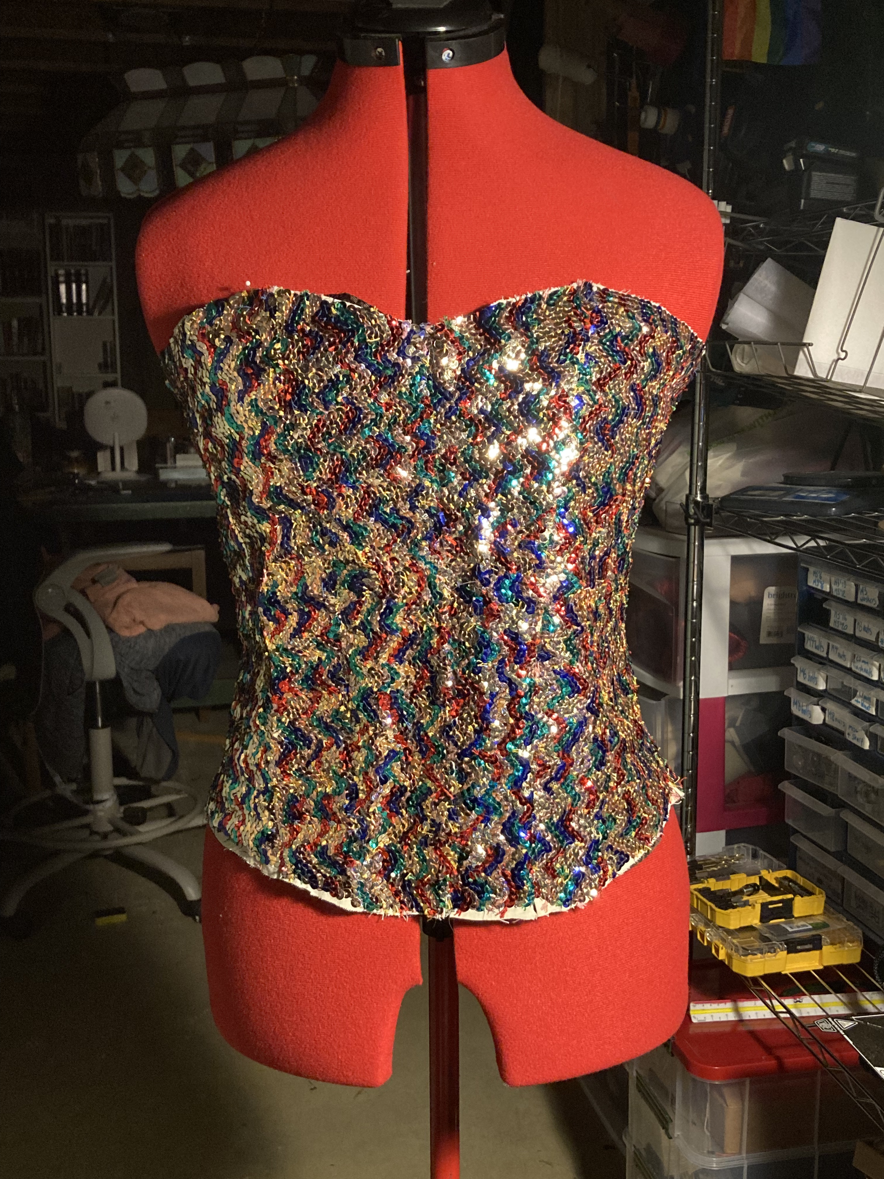 Bustier with all sequins sewn on without edge binding
