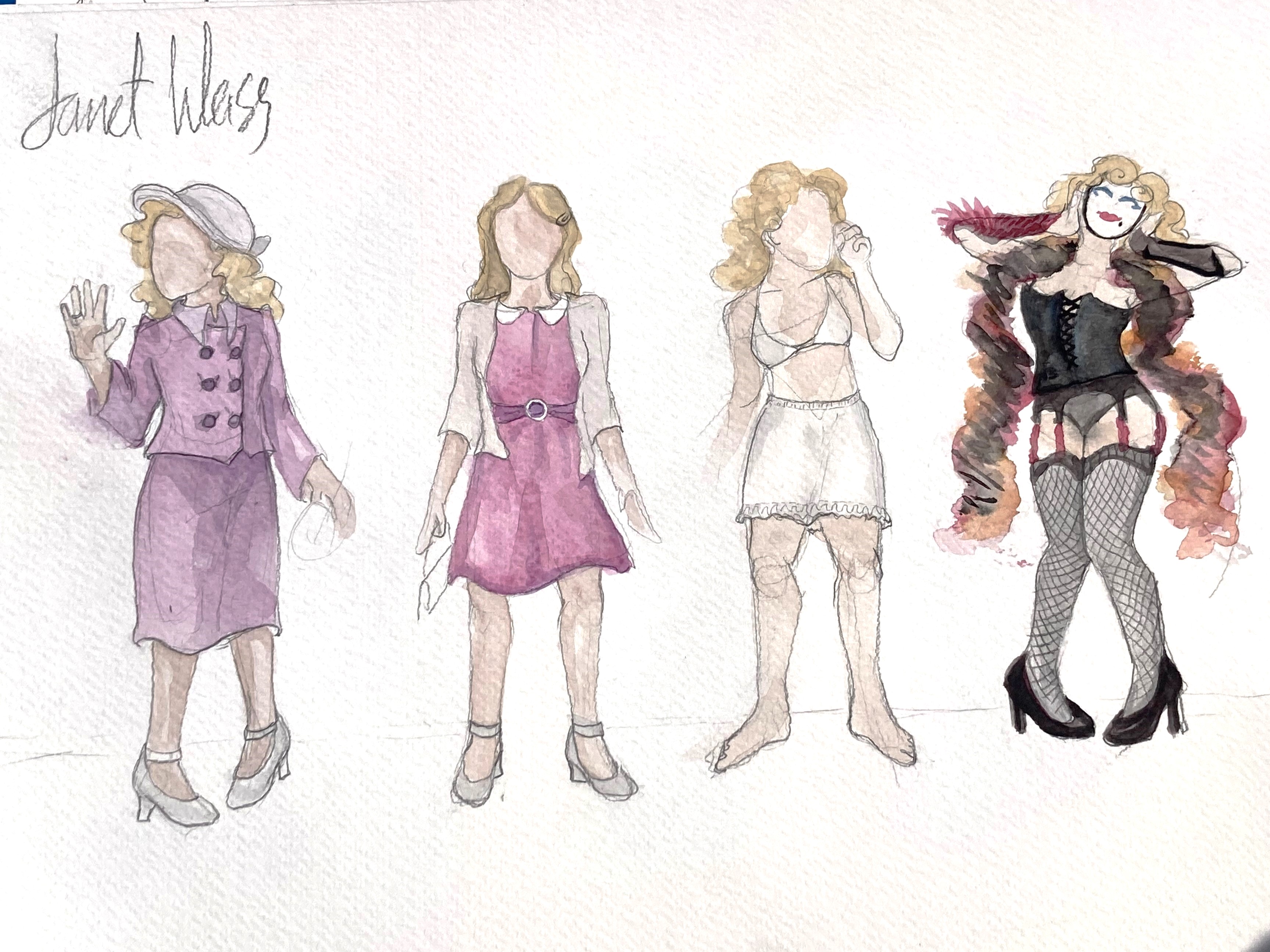 Watercolor studies of Janet Weiss' costumes throughout the film